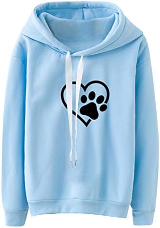 JFLYOU Kadınlar Sevimli Pet Köpek Ayak İzi ve Kalp Uzun Kollu Kapüşonlu Sweatshirt Kazak Bluz