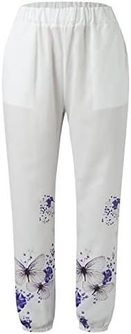 Kadın Keten Pantolon Baggy Plaj Kıyafeti Nefes Çiçek Baskılı Joggers Pantolon Yüksek Rise Geniş Bacak Kırpılmış Pantolon