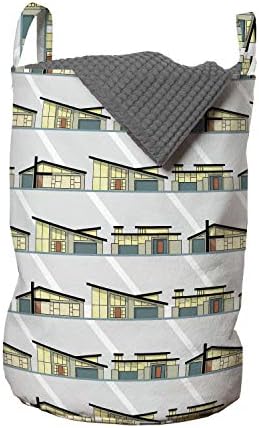 Ambesonne House Çamaşır Torbası, Gri Zemin Üzerine Modern Mimari, Kulplu Sepet Çamaşırhaneler için İpli Kapatma, 13