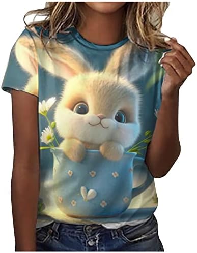 Kadın sevimli tavşan grafik T - Shirt yuvarlak boyun kısa kollu üstleri yaz rahat grafik Tee