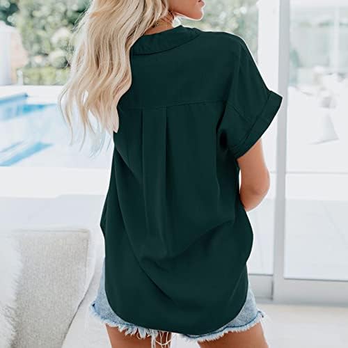 Moda Gömlek Bayan Artı Boyutu Düğme Aşağı Bluz Kısa Kollu Cep Düğmesi Tee Casual Popüler Üstleri Taban Kadın Yeşil