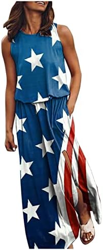 4th Temmuz Elbiseler Kadınlar için Amerikan Bayrağı Uzun Maxi Elbise Boho Yaz Yarık Crewneck Plaj bir Çizgi Sundress
