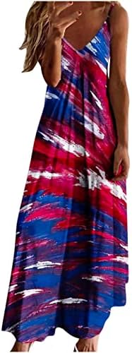 HCJKDU Maxi Elbiseler Kadınlar için Spagetti Kayışı Kolsuz V Boyun Bağımsızlık Günü Uzun Sundress Casual Gevşek Plaj