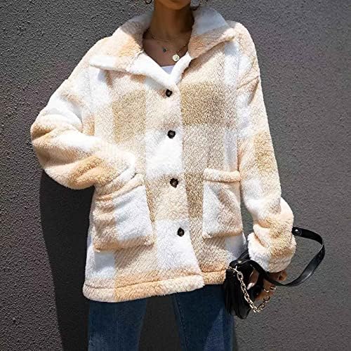 Bayan Ekose Polar Ceket Ceket Moda Yaka Düğmesi Aşağı Uzun Kollu Palto Kış Sıcak Bulanık Tüylü Giyim