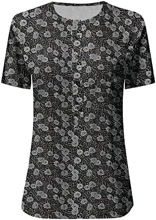 uikmnh kadın T-Shirt Kısa Kollu Çiçek Baskı Düğmeleri-Up Henley Gömlek Yaz Rahat Gömlek