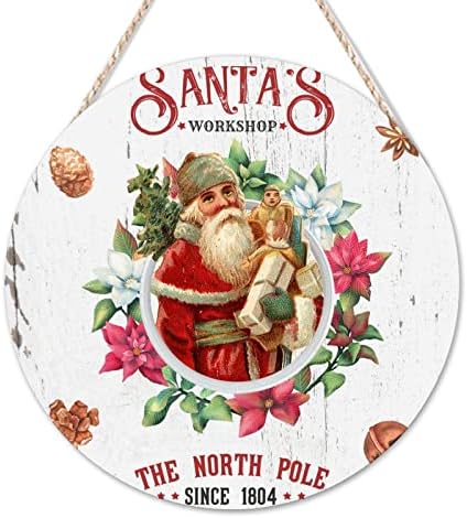 Hoş geldin yazısı Noel Baba'nın Atölyesi Kuzey Kutbu Yuvarlak Ahşap İşaretler Noel Çelenk Fındık Şeker Çan Asılı İşareti