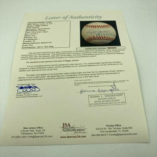Reggie Jackson, JSA COA İmzalı Beyzbol Toplarıyla Ağır Yazılı Kariyer İstatistikleri Beyzbolu İmzaladı
