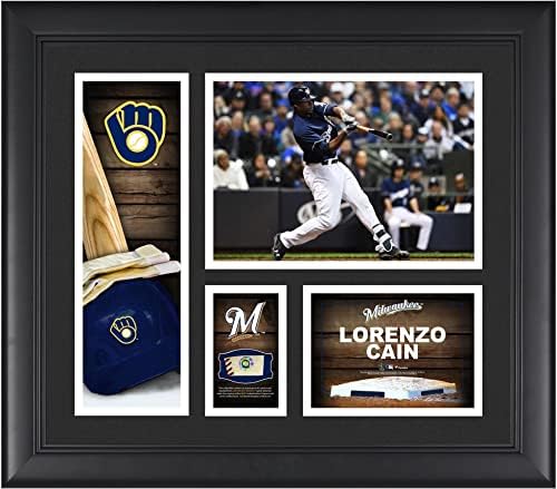 Lorenzo Cain Milwaukee Brewers, 15 x 17 Oyuncu Kolajını bir Parça Oyunda Kullanılan Topla Çerçeveledi-MLB Oyuncu Plakları