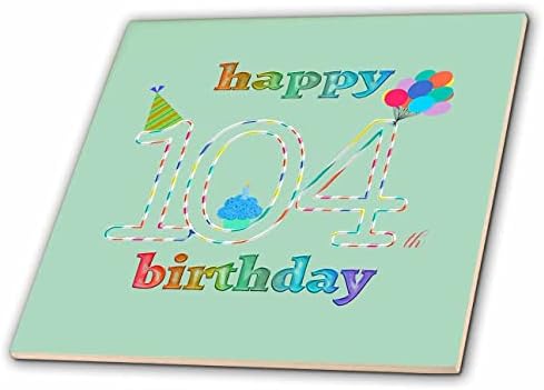 3dRose 104. Doğum Günün Kutlu Olsun, Mumlu Kek, Balonlar, Şapka, Renkli Fayanslar (ct_351677_1)