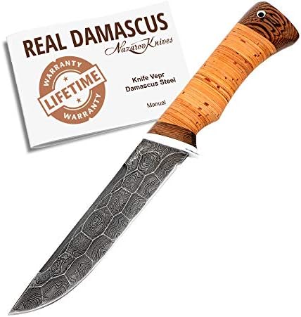 Nazarov Premium Şam Av Bıçağı-Kılıflı El Yapımı VEPR şam Çeliği Bıçak-Kaymaz Huş Ağacı Saplı El Dövme Keskin Sabit