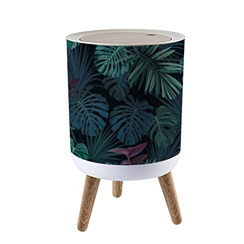 Kapaklı Küçük Çöp Tenekesi Dikişsiz Elle Çizilmiş Botanik Egzotik Yeşil Palmiye Yaprakları ile Koyu 7 Litre Yuvarlak